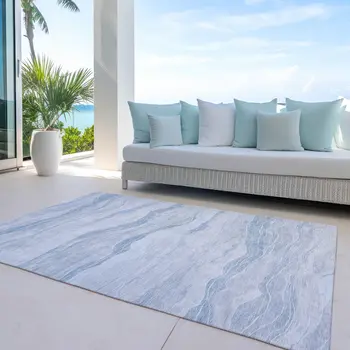 10' X 14' Sky Blue Striped Washable Indoor Outdoor Area Rug