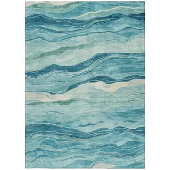 5' X 8' Turquoise Striped Washable Indoor Outdoor Area Rug
