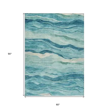 5' X 8' Turquoise Striped Washable Indoor Outdoor Area Rug