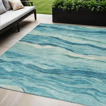 5' X 8' Turquoise Striped Washable Indoor Outdoor Area Rug