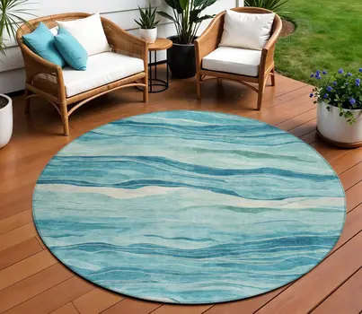 8' Turquoise Round Striped Washable Indoor Outdoor Area Rug