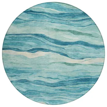 8' Turquoise Round Striped Washable Indoor Outdoor Area Rug