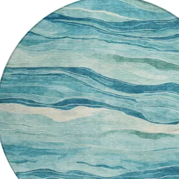 8' Turquoise Round Striped Washable Indoor Outdoor Area Rug