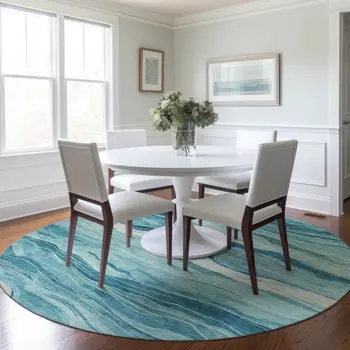 8' Turquoise Round Striped Washable Indoor Outdoor Area Rug