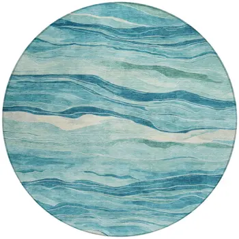 8' Turquoise Round Striped Washable Indoor Outdoor Area Rug