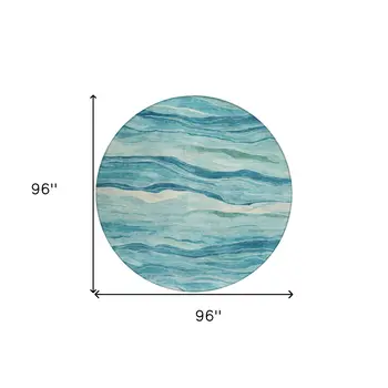 8' Turquoise Round Striped Washable Indoor Outdoor Area Rug