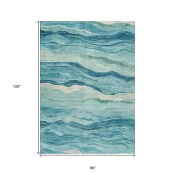 8' X 10' Turquoise Striped Washable Indoor Outdoor Area Rug