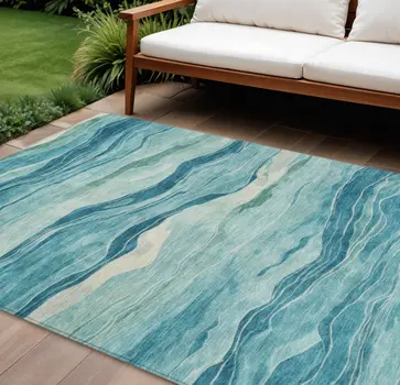8' X 10' Turquoise Striped Washable Indoor Outdoor Area Rug