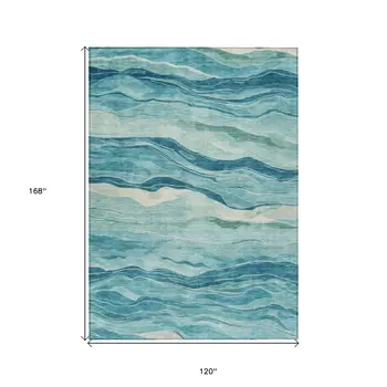 10' X 14' Turquoise Striped Washable Indoor Outdoor Area Rug
