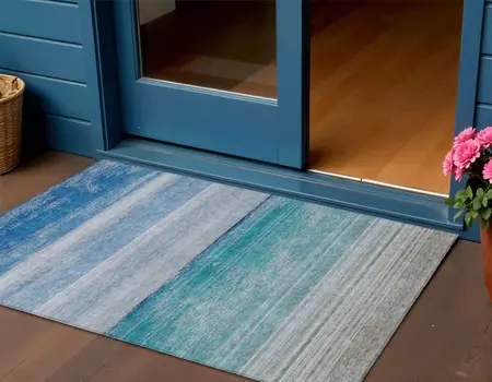 3' X 5' Sky Blue Striped Washable Indoor Outdoor Area Rug