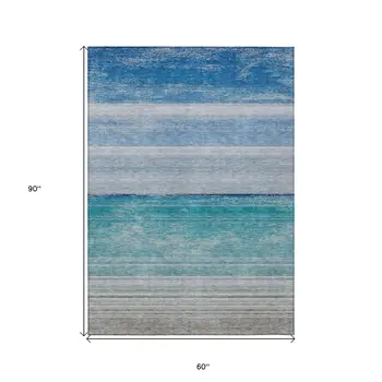 5' X 8' Sky Blue Striped Washable Indoor Outdoor Area Rug