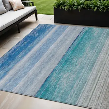 5' X 8' Sky Blue Striped Washable Indoor Outdoor Area Rug