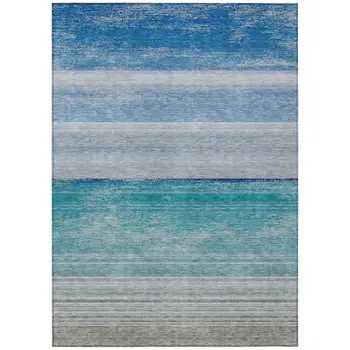 5' X 8' Sky Blue Striped Washable Indoor Outdoor Area Rug