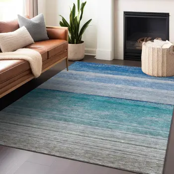 5' X 8' Sky Blue Striped Washable Indoor Outdoor Area Rug