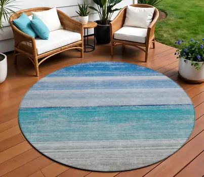 8' Sky Blue Round Striped Washable Indoor Outdoor Area Rug