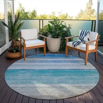 8' Sky Blue Round Striped Washable Indoor Outdoor Area Rug