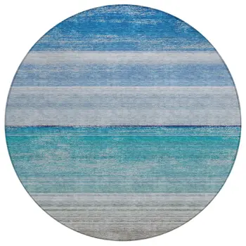 8' Sky Blue Round Striped Washable Indoor Outdoor Area Rug