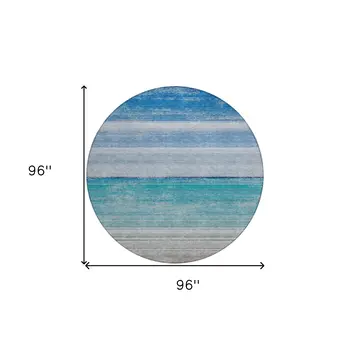 8' Sky Blue Round Striped Washable Indoor Outdoor Area Rug