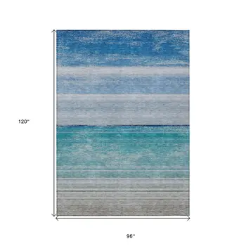 8' X 10' Sky Blue Striped Washable Indoor Outdoor Area Rug