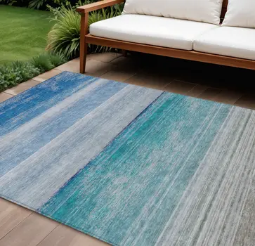 8' X 10' Sky Blue Striped Washable Indoor Outdoor Area Rug