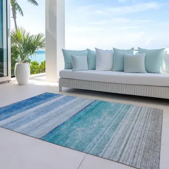8' X 10' Sky Blue Striped Washable Indoor Outdoor Area Rug