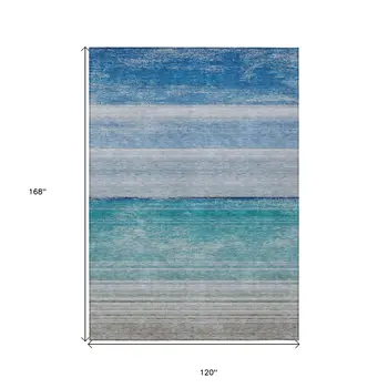 10' X 14' Sky Blue Striped Washable Indoor Outdoor Area Rug