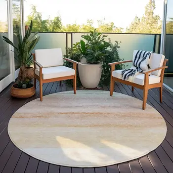 8' Coral Round Striped Washable Indoor Outdoor Area Rug