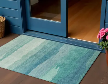 3' X 5' Turquoise Striped Washable Indoor Outdoor Area Rug