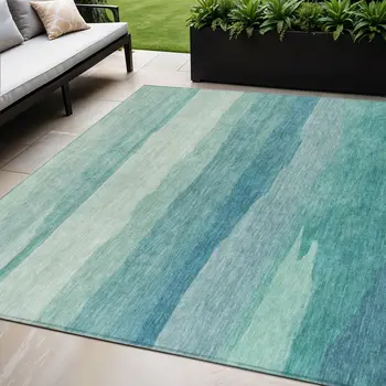 5' X 8' Turquoise Striped Washable Indoor Outdoor Area Rug