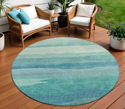 8' Turquoise Round Striped Washable Indoor Outdoor Area Rug