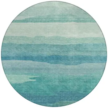 8' Turquoise Round Striped Washable Indoor Outdoor Area Rug