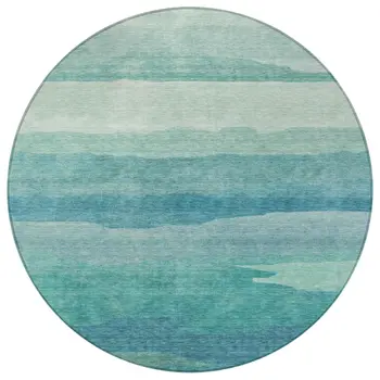 8' Turquoise Round Striped Washable Indoor Outdoor Area Rug