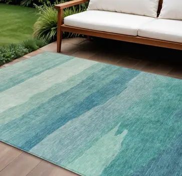 8' X 10' Turquoise Striped Washable Indoor Outdoor Area Rug