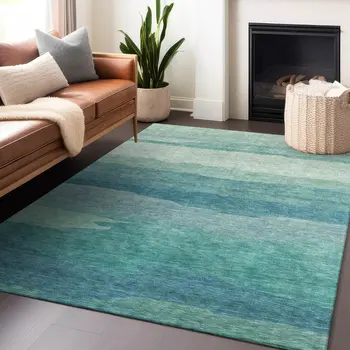 8' X 10' Turquoise Striped Washable Indoor Outdoor Area Rug
