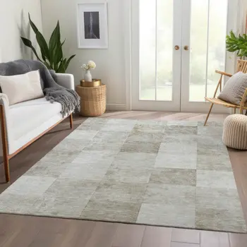 3' X 5' Beige Geometric Washable Indoor Outdoor Area Rug