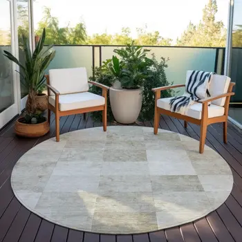 8' Beige Round Geometric Washable Indoor Outdoor Area Rug