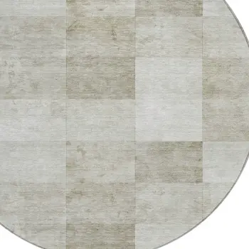 8' Beige Round Geometric Washable Indoor Outdoor Area Rug