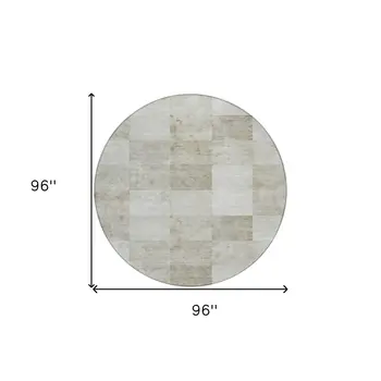 8' Beige Round Geometric Washable Indoor Outdoor Area Rug
