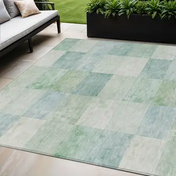 5' X 8' Blue Geometric Washable Indoor Outdoor Area Rug
