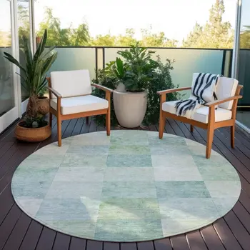 8' Blue Round Geometric Washable Indoor Outdoor Area Rug