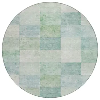 8' Blue Round Geometric Washable Indoor Outdoor Area Rug