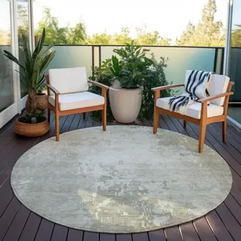 8' Linen Round Abstract Washable Indoor Outdoor Area Rug