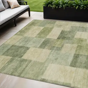 5' X 8' Artichoke Green Geometric Washable Indoor Outdoor Area Rug