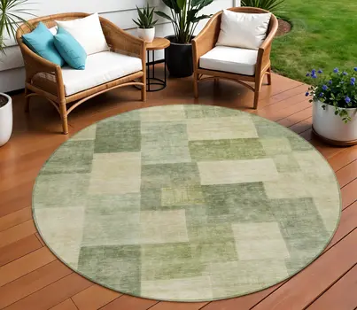 8' Artichoke Green Round Geometric Washable Indoor Outdoor Area Rug