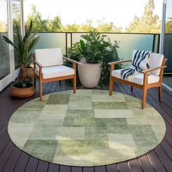 8' Artichoke Green Round Geometric Washable Indoor Outdoor Area Rug