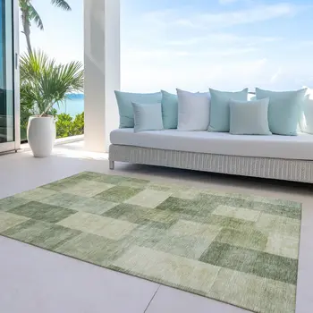 10' X 14' Artichoke Green Geometric Washable Indoor Outdoor Area Rug