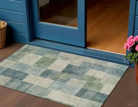 3' X 5' Blue Geometric Washable Indoor Outdoor Area Rug