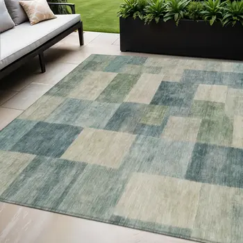 5' X 8' Blue Geometric Washable Indoor Outdoor Area Rug