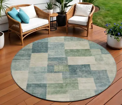 8' Blue Round Geometric Washable Indoor Outdoor Area Rug