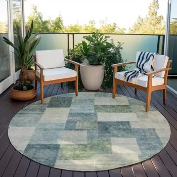 8' Blue Round Geometric Washable Indoor Outdoor Area Rug